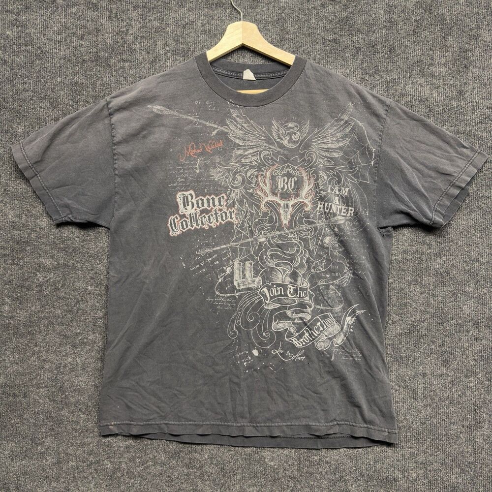 Y2K Bone Collector Shirt XL Affliction Style Cyber Grunge Black Fade Distressed
